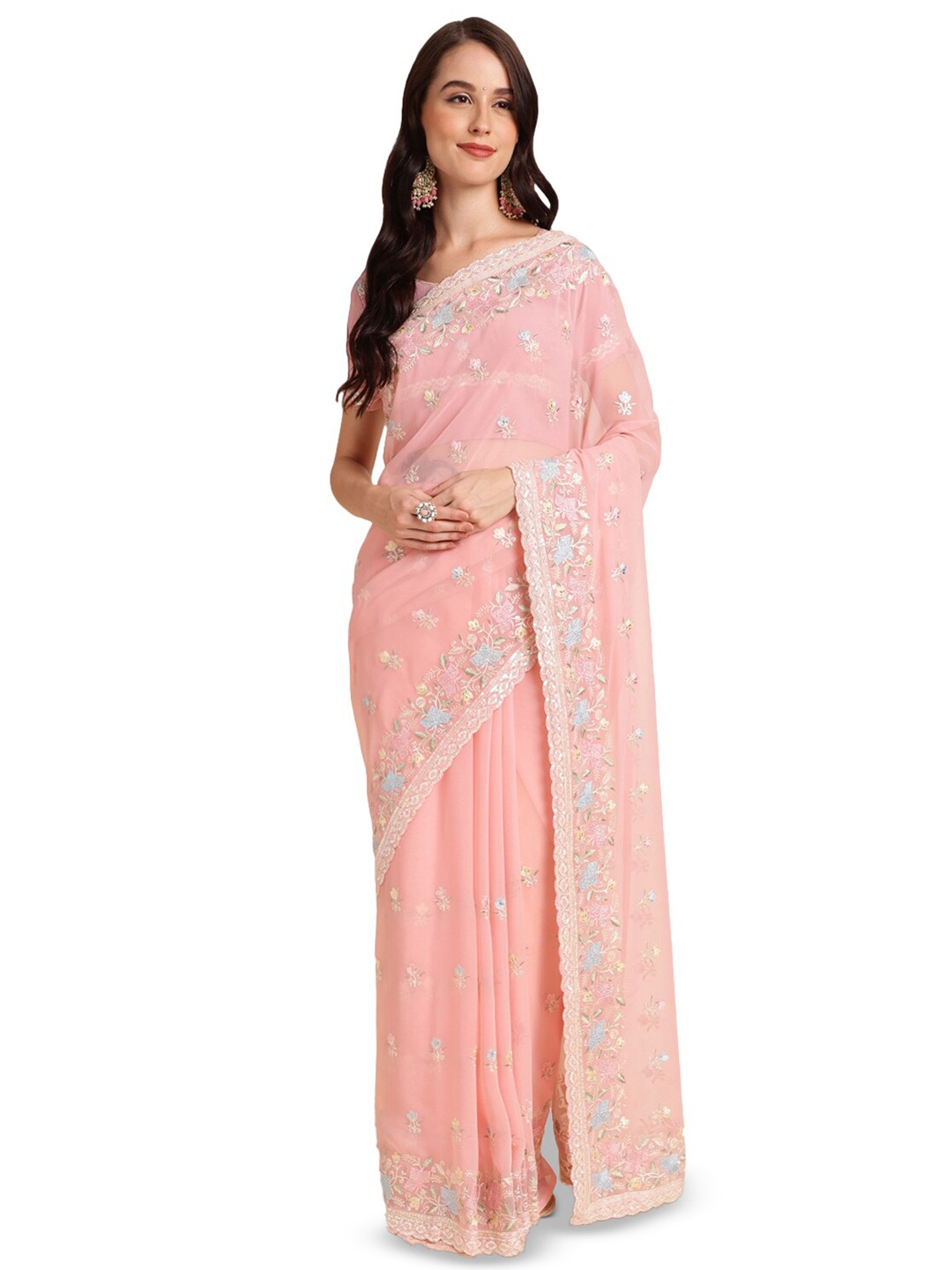 

Nimayaa Floral Embroiedred Pure Georgette Saree, Pink