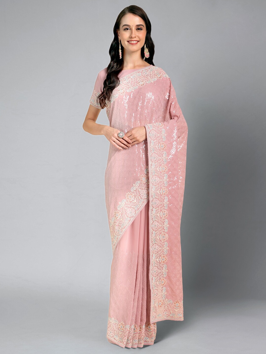 

Mitera Geometric Embroidered Sequinned Saree, Pink