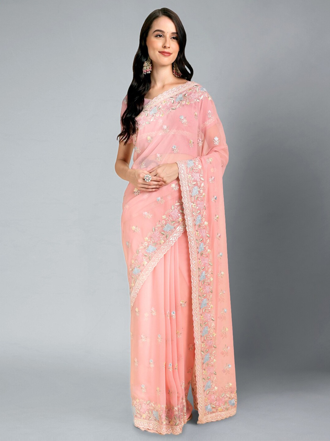 

Mitera Pink & Blue Ethnic Motifs Embroidered Sequinned Pure Georgette Saree