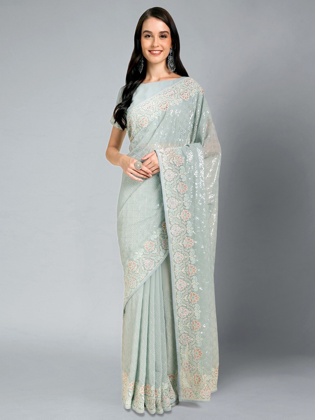 

Mitera Blue & White Floral Embellished Sequinned Pure Georgette Saree