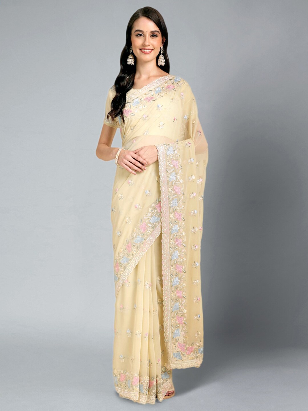 

Mitera Geometric Embroidered Sequinned Saree, Beige