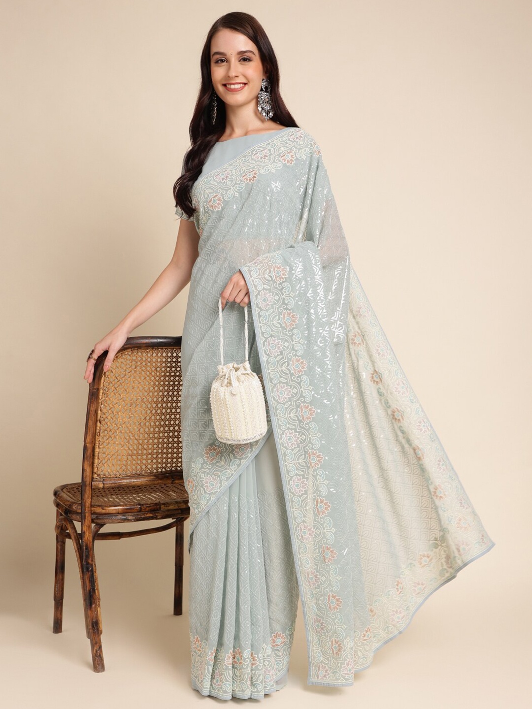 

all about you Blue & Brown Ethnic Motifs Embroidered Sequinned Pure Georgette Saree