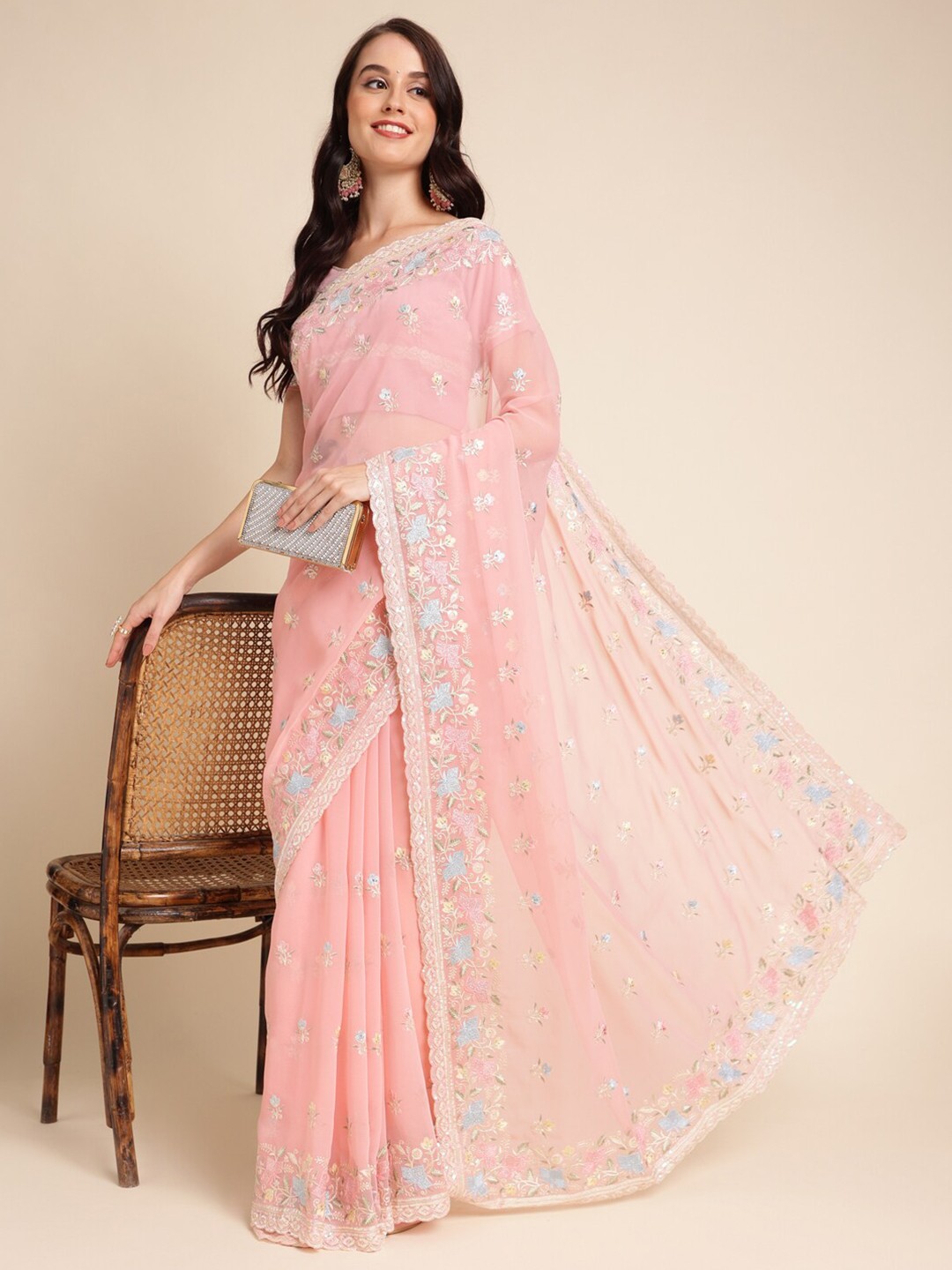 

all about you Pink & Blue Floral Embroidered Pure Georgette Saree