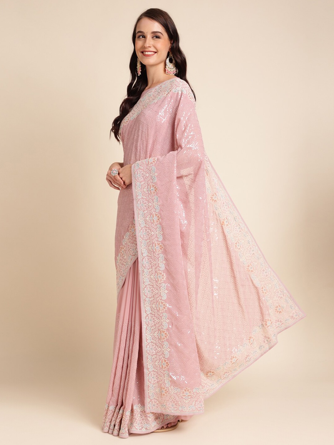 

all about you Pink & Grey Ethnic Motifs Embellished Sequinned Pure Georgette Saree