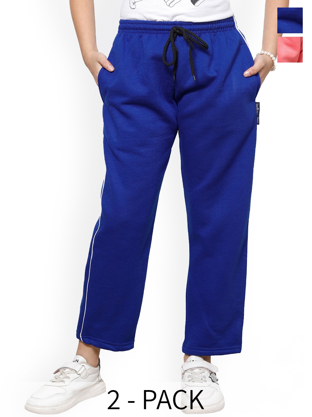 

IndiWeaves Girls Pack Of 2 Side Piping Regular Fit Fleece Track Pants, Blue