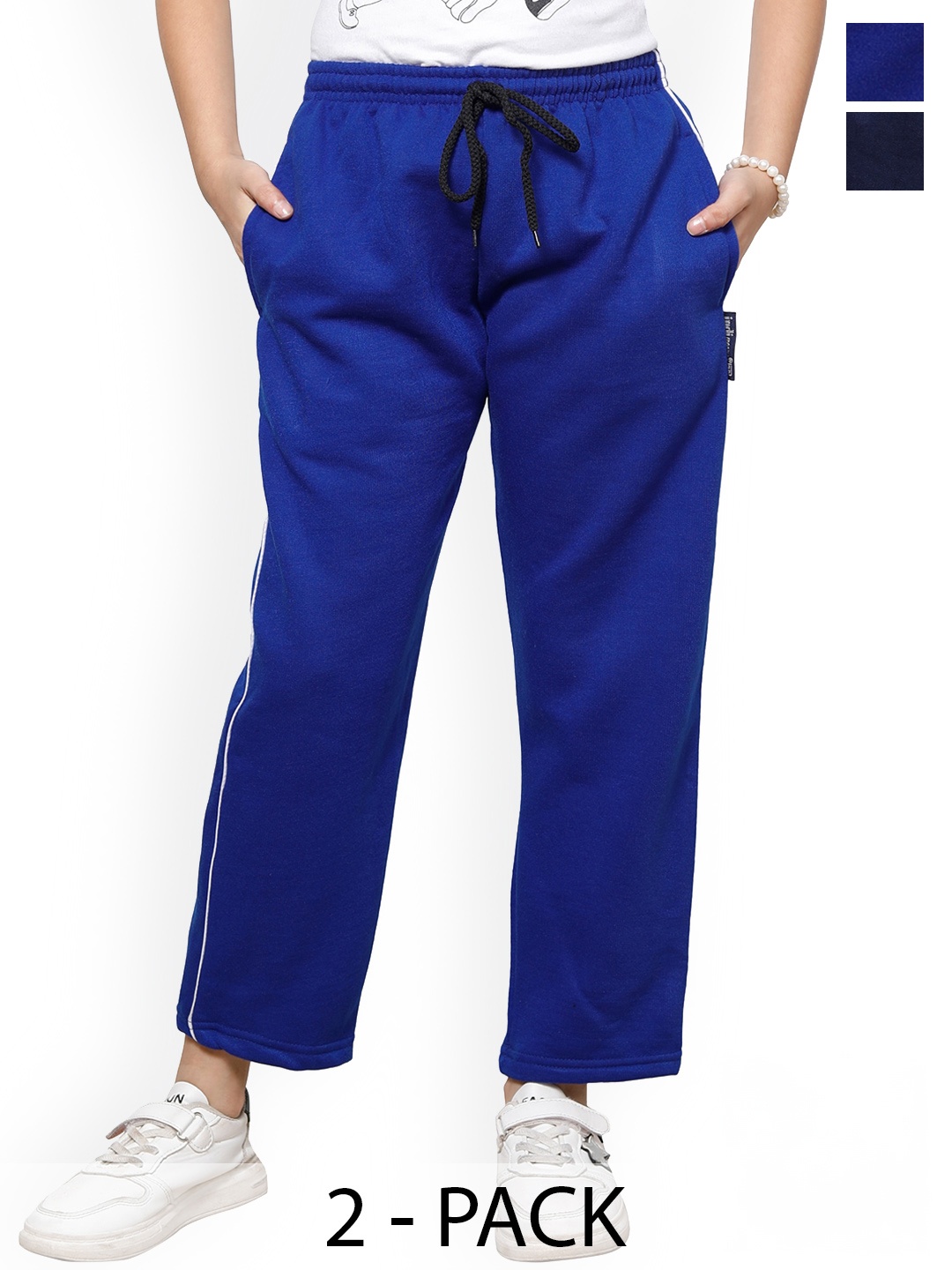 

IndiWeaves Girls Pack Of 2 Mid-Rise Fleece Track Pants, Navy blue