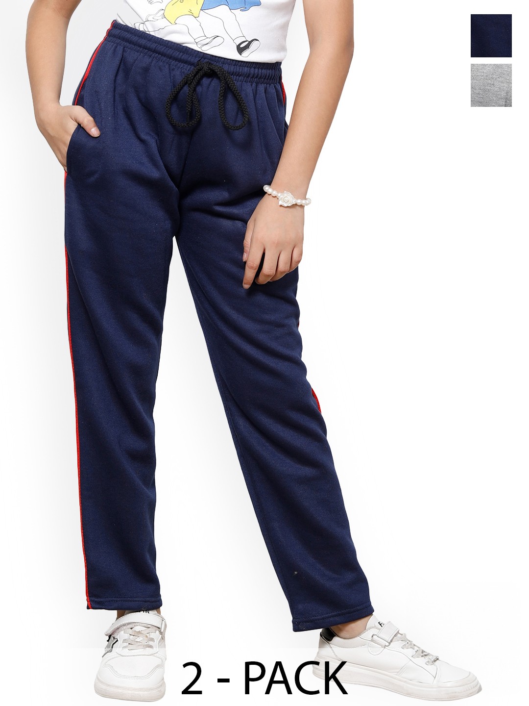 

IndiWeaves Girls Pack Of 2 Side Piping Regular Fit Mid-Rise Fleece Track Pants, Navy blue