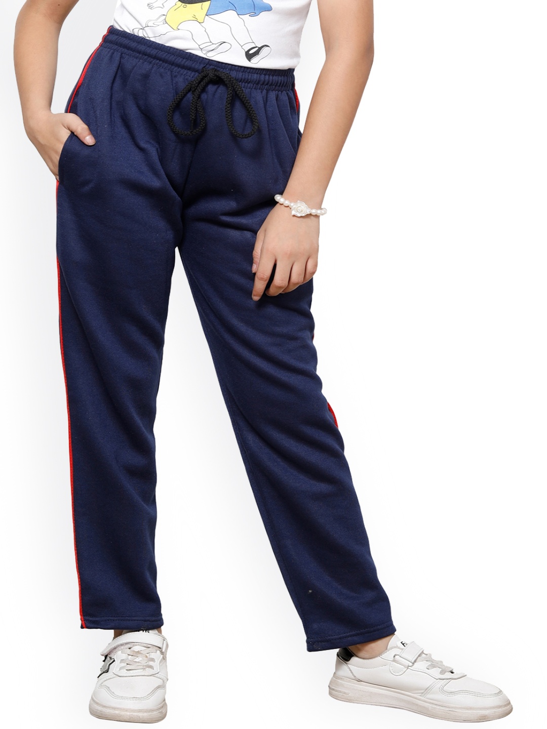 

IndiWeaves Girls Mid-Rise Side Piping Fleece Track Pants, Navy blue