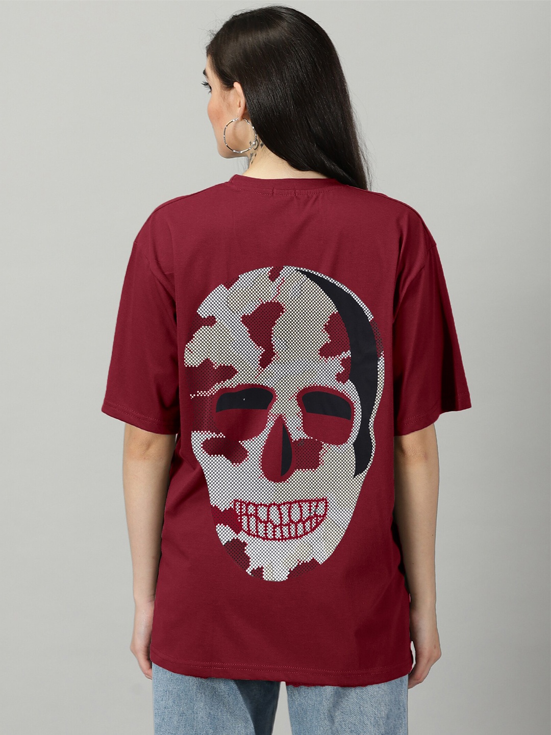 

Rodzen Graphic Printed Drop-Shoulder Sleeves Oversized Cotton T-shirt, Maroon