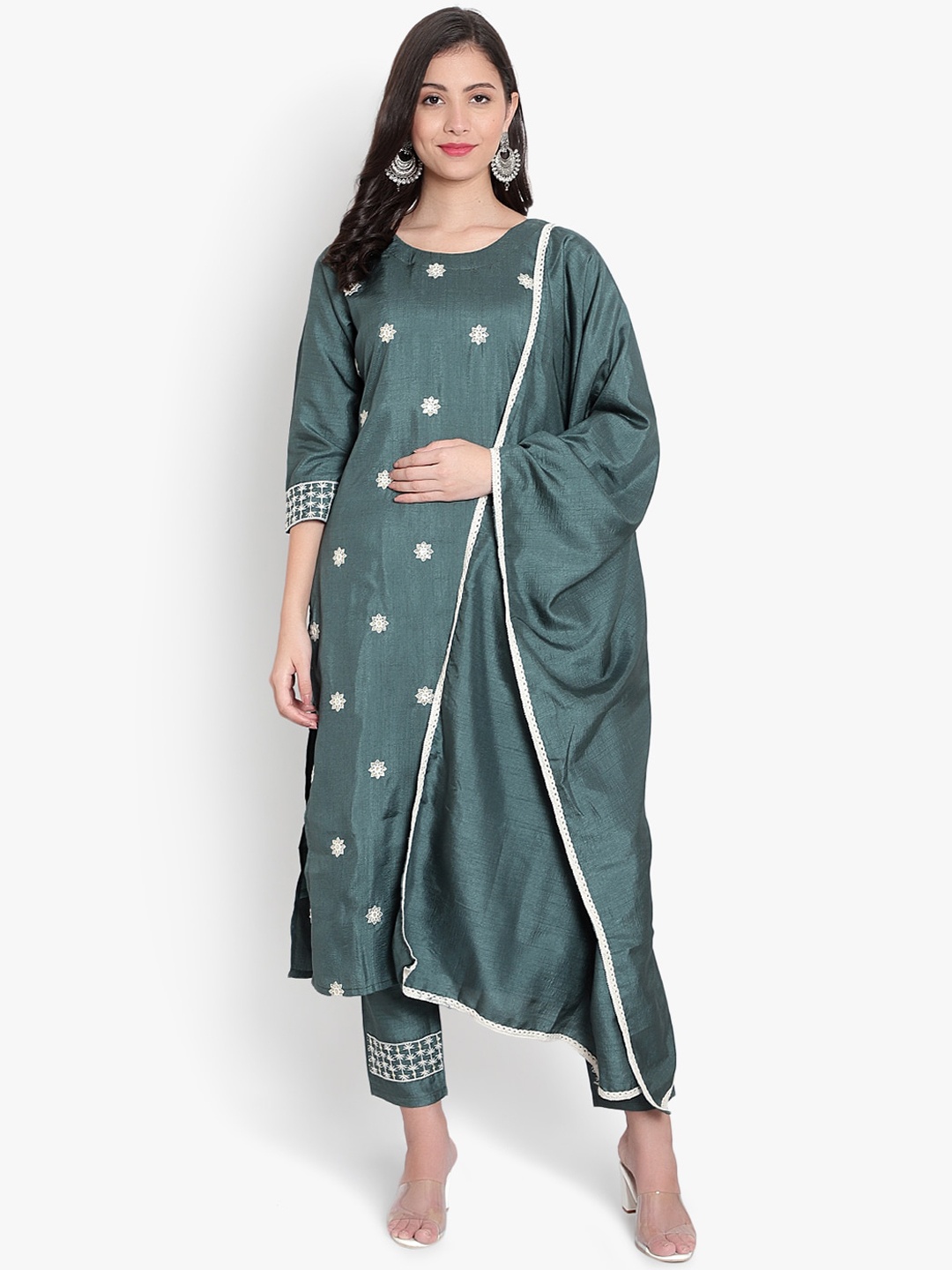 

Hinayat Fashion Ethnic Motif Embroidered Regular Kurta With Trousers & Dupatta, Turquoise blue