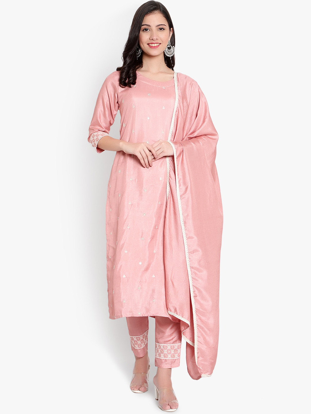 

Hinayat Fashion Ethnic Motif Embroidered Regular Kurta With Trousers & Dupatta, Peach