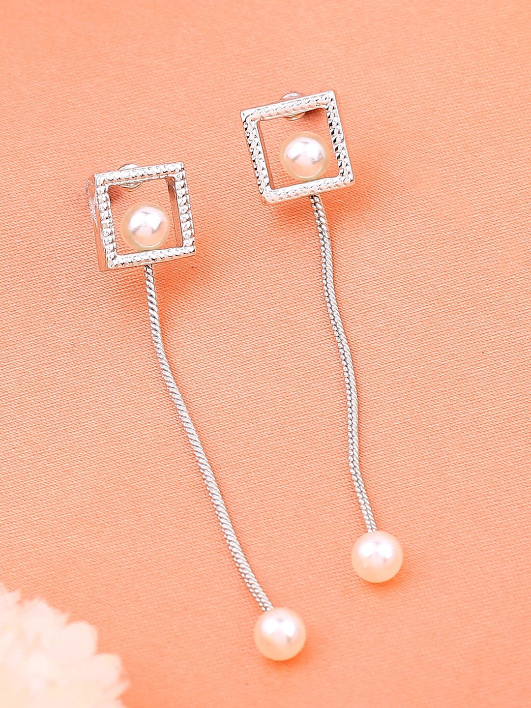

Estele Rhodium-Plated Beaded Square Drop Earrings, Silver