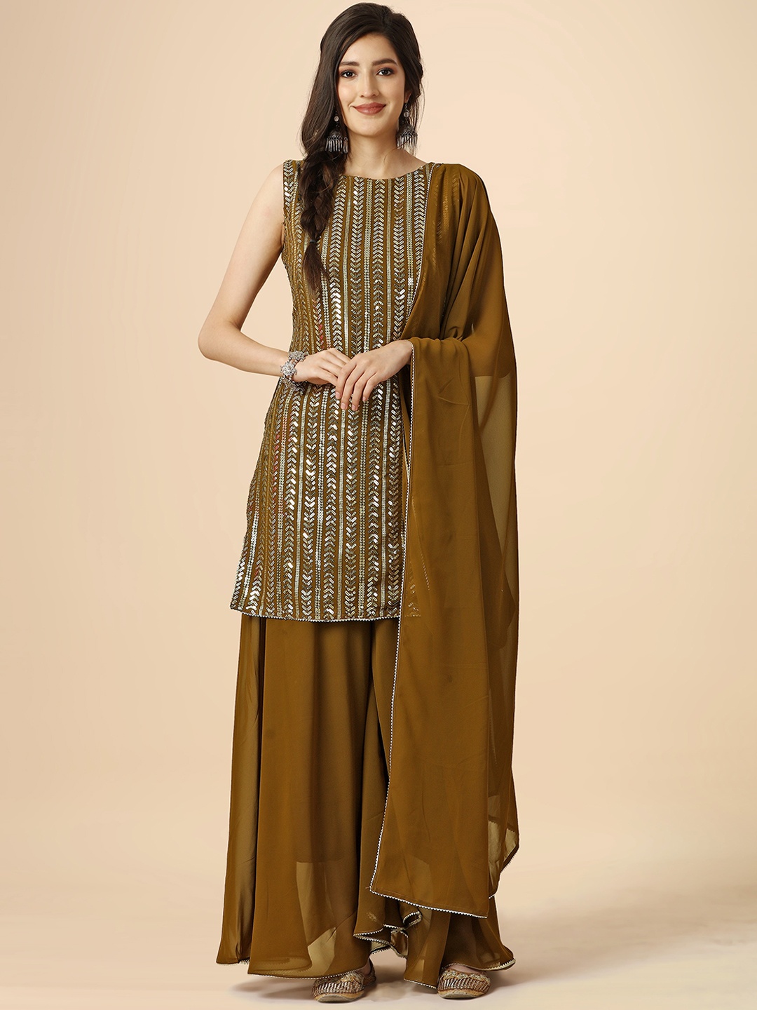 

Hinayat Fashion Embroidered Sequinned Georgette Kurta & Sharara With Dupatta, Mustard