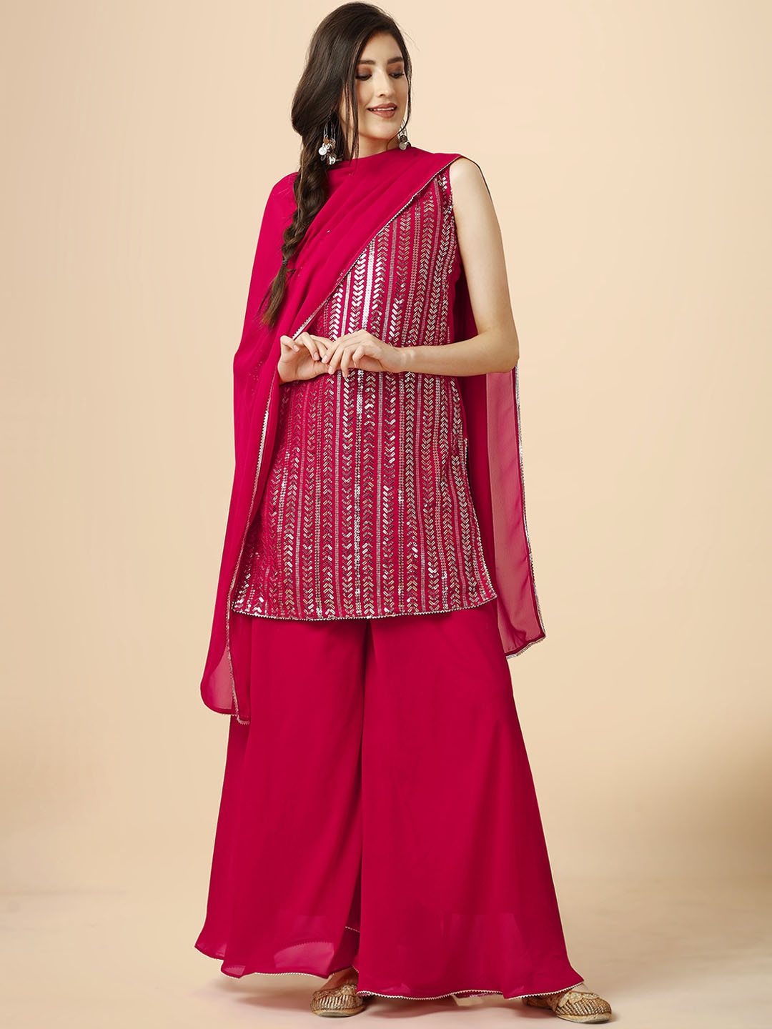 

Hinayat Fashion Embroidered Regular Sequinned Kurta With Palazzos & Dupatta, Pink