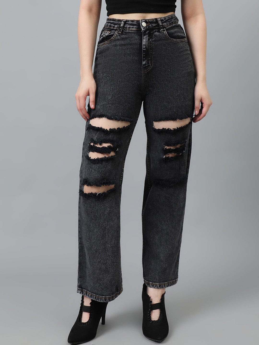 

Kotty Women Jean Straight Fit High-Rise Highly Distressed Stretchable Jeans, Black