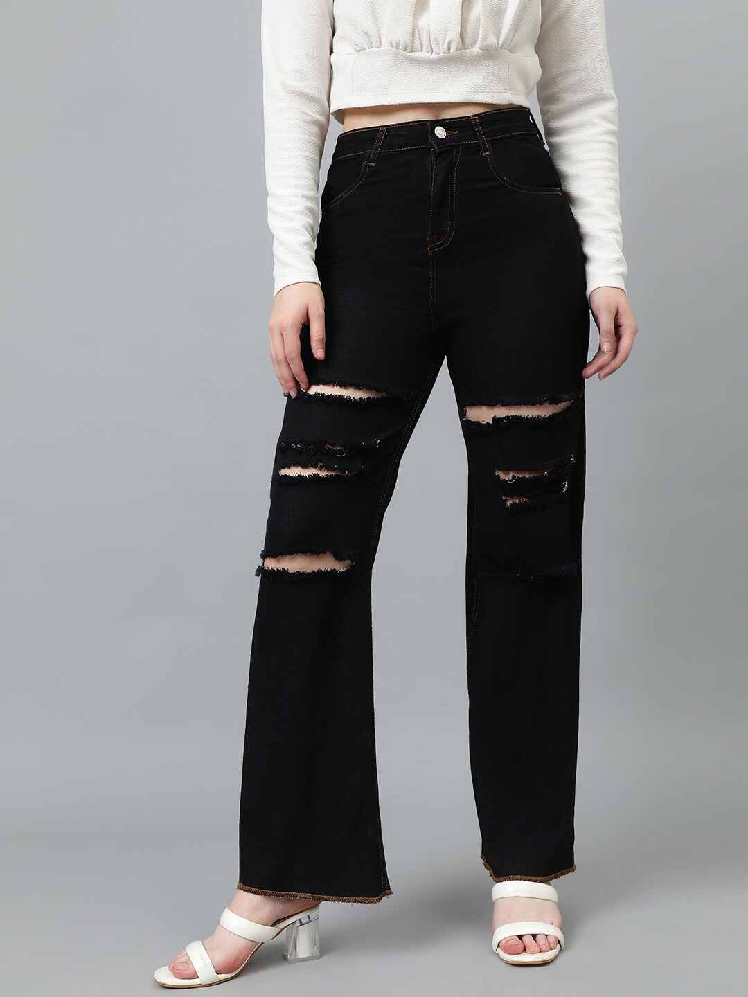 

Kotty Women Black Jean Straight Fit High-Rise Highly Distressed Stretchable Jeans