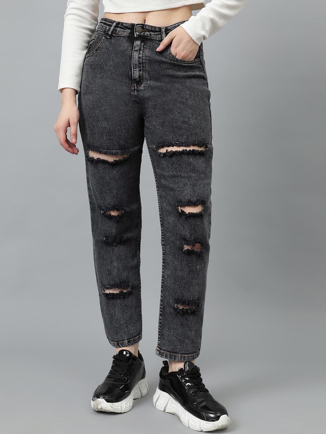 

Kotty Women Grey Jean High-Rise Highly Distressed Stretchable Jeans