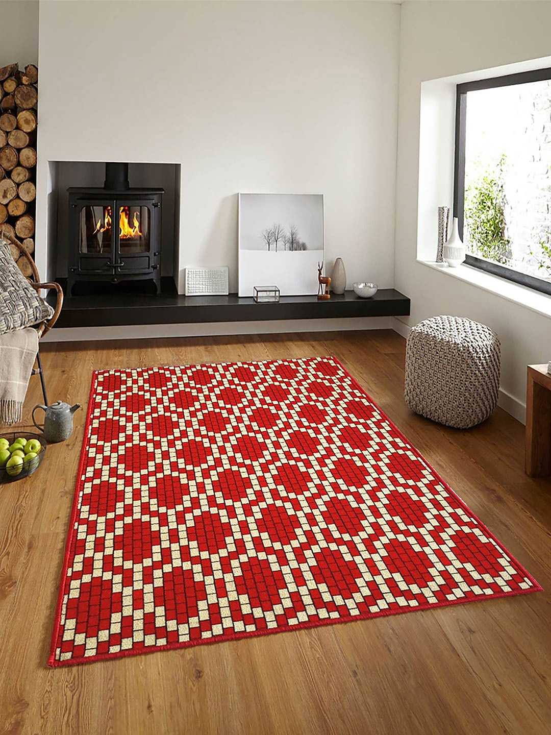 

Matz and More Red & Beige Geometric Patterned Anti-Slip Carpet Rug