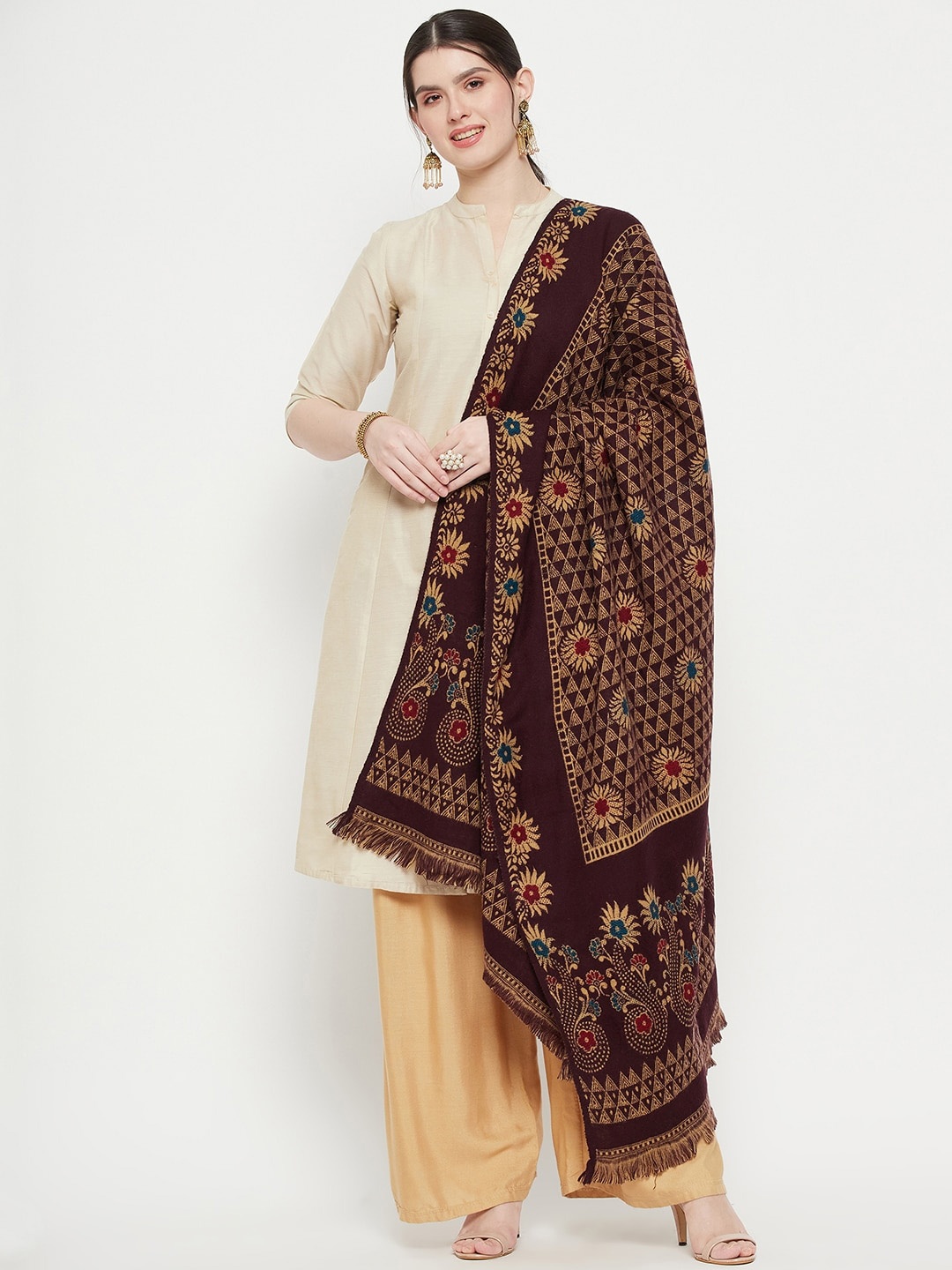 

VERO AMORE Woven Design Shawl, Coffee brown