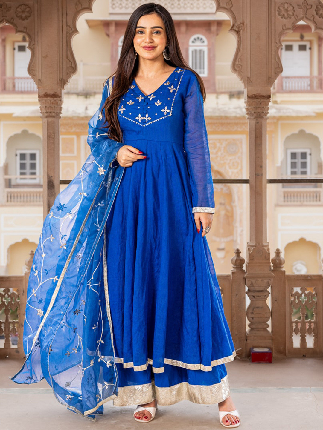 

Ambraee Embroidered Panelled Gotta Patti Kurta with Palazzos & With Dupatta, Blue