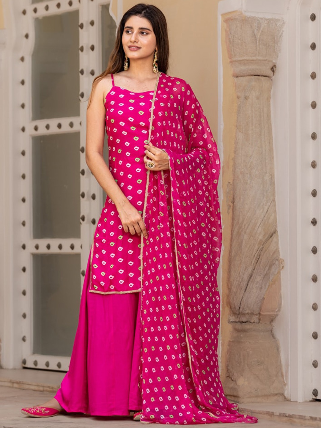 

Ambraee Bandhani Printed Regular Kurta With Sharara & Dupatta, Pink