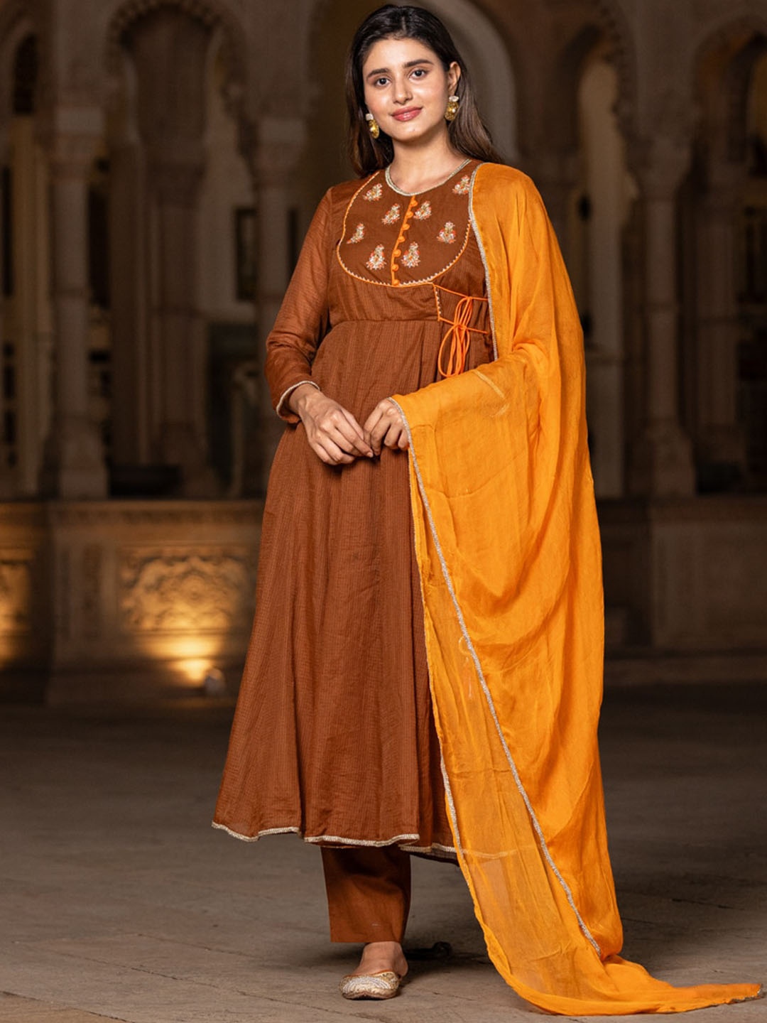 

Ambraee Floral Embroidered Angrakha Gotta Patti Kurta With Trousers & Dupatta, Brown