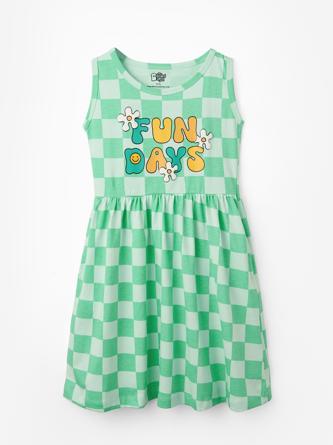 

The Souled Store Girls Sleeveless Checked Fit & Flare Dress, Green