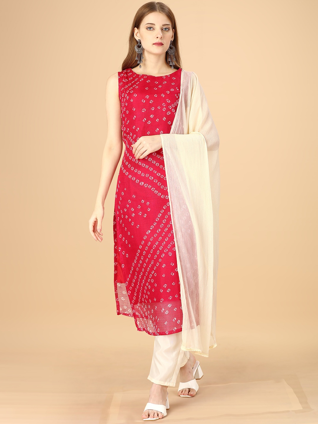 

Hinayat Fashion Bandhani Printed Kurta With Trousers & Dupatta, Pink