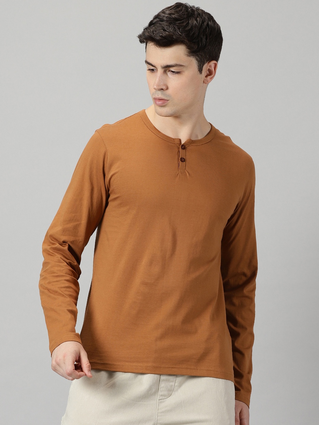 

THE HOLLANDER Henley Neck Long Sleeves Cotton T-shirt, Brown