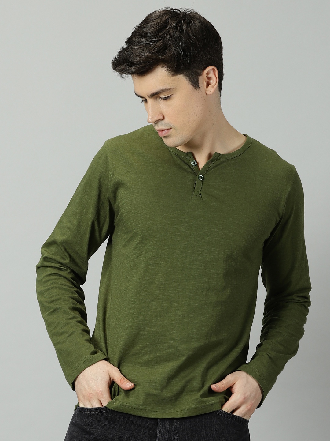 

THE HOLLANDER Henley Neck Long Sleeves Cotton T-shirt, Green