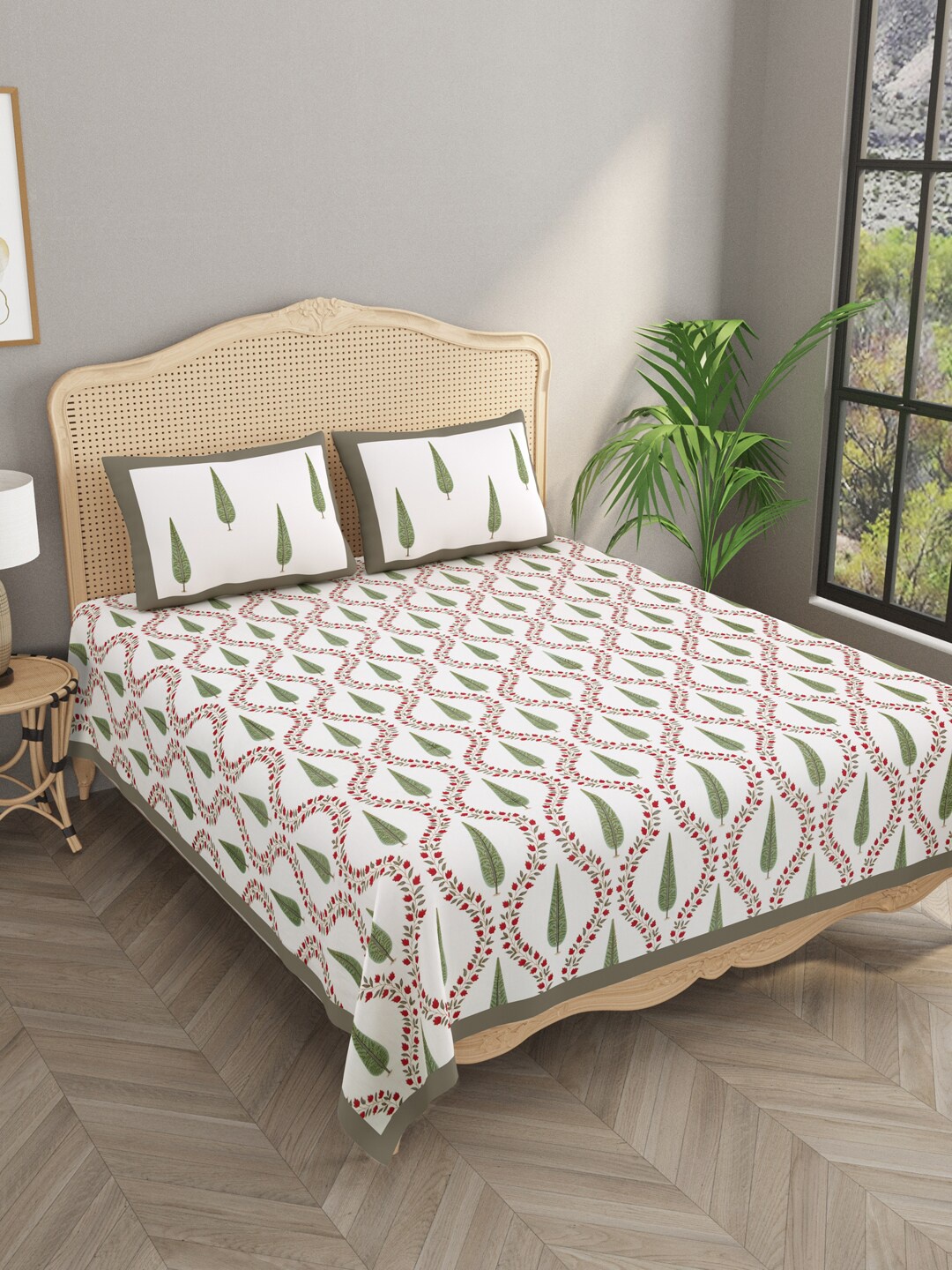 

Gulaab Jaipur White & Green 1000 TC Egyptian Cotton Super King Bedsheet & 2 Pillow Covers