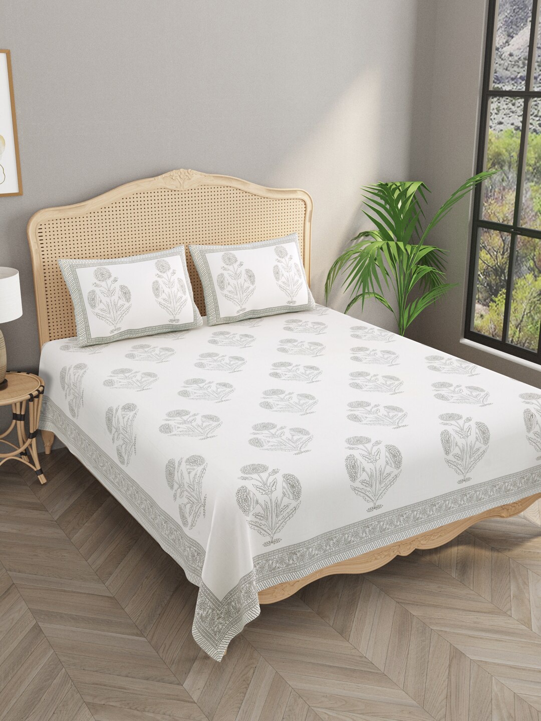 

Gulaab Jaipur White & Grey Floral 1000 TC Egyptian Cotton King Bedsheet & 2 Pillow Covers