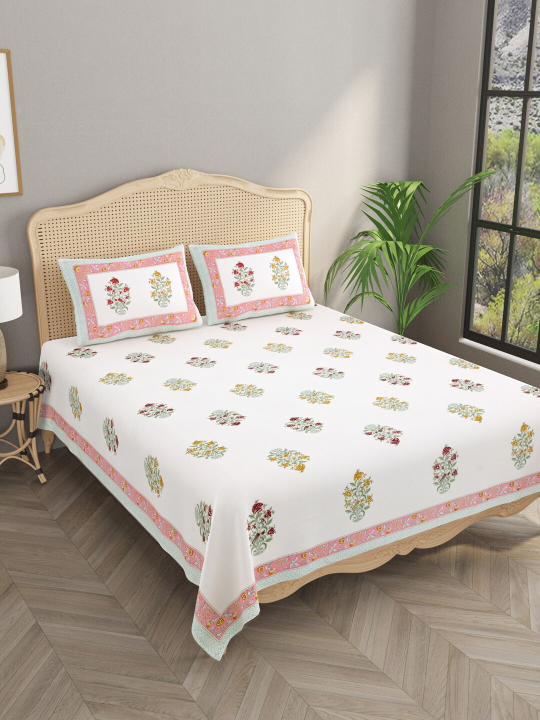 

Gulaab Jaipur White & Pink 1000 TC Egyptian Cotton King Bedsheet & 2 Pillow Covers