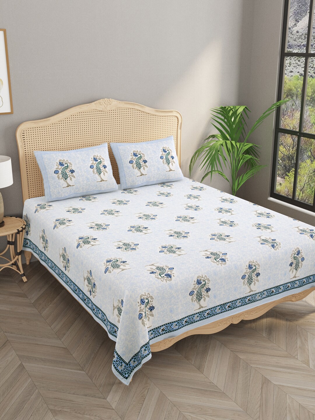 

Gulaab Jaipur Blue & White Ethnic Egyptian Cotton 1000 TC King Bedsheet & 2 Pillow Covers