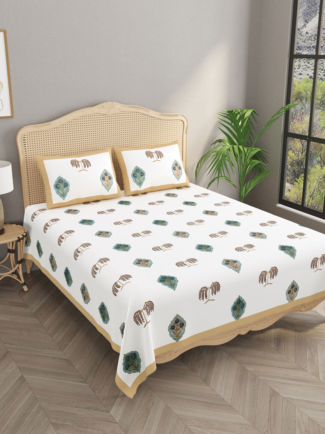 

Gulaab Jaipur White & Brown Ethnic Egyptian Cotton 1000 TC King Bedsheet & 2 Pillow Covers