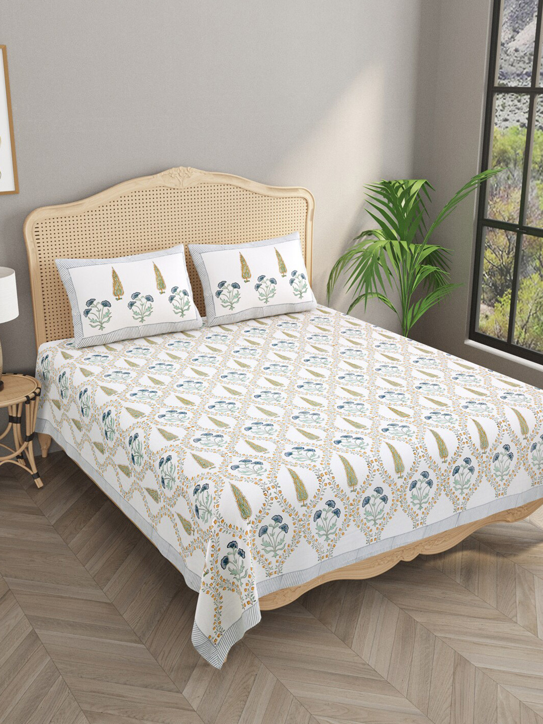 

Gulaab Jaipur Blue & White Ethnic Motifs Cotton 600 TC King Bedsheet with 2 Pillow Covers