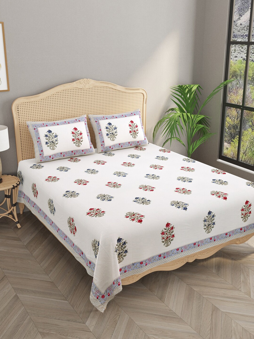 

Gulaab Jaipur White & Blue Printed 1000 TC Egyptian Cotton King Bedsheet & 2 Pillow Covers