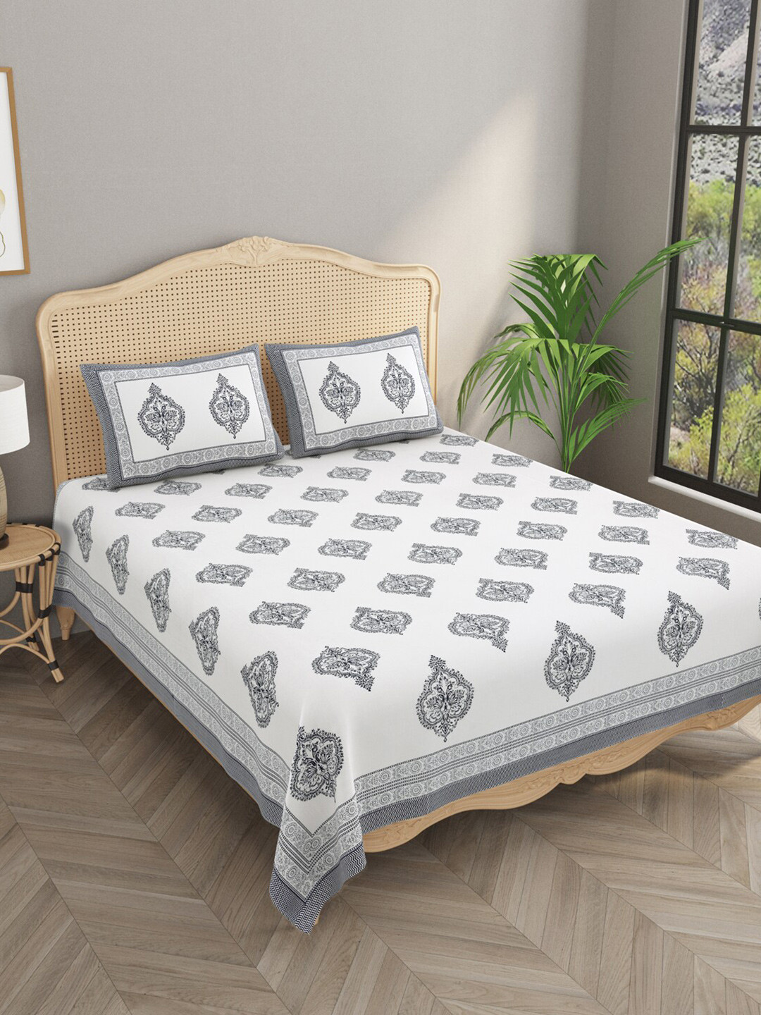 

Gulaab Jaipur White Ethnic Motifs Egyptian Cotton 1000 TC King Bedsheet & 2 Pillow Covers