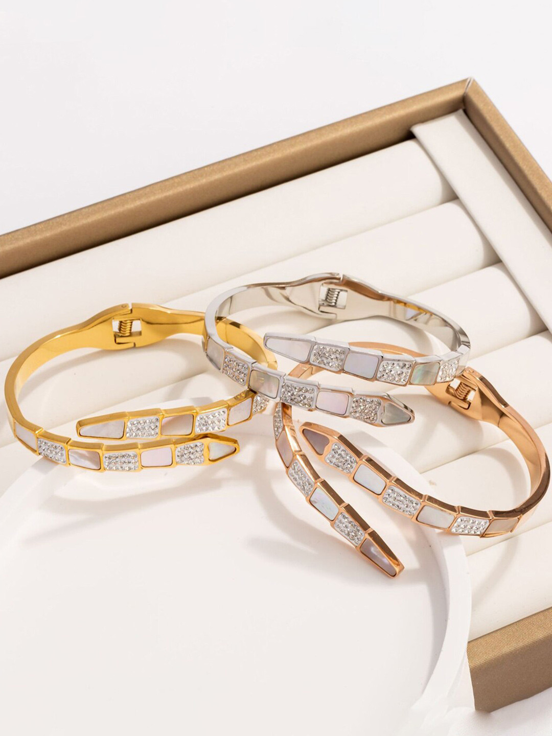 

Jewels Galaxy Set Of 3 Stainless Steel Artificial Beads Cuff Bracelet, Gold