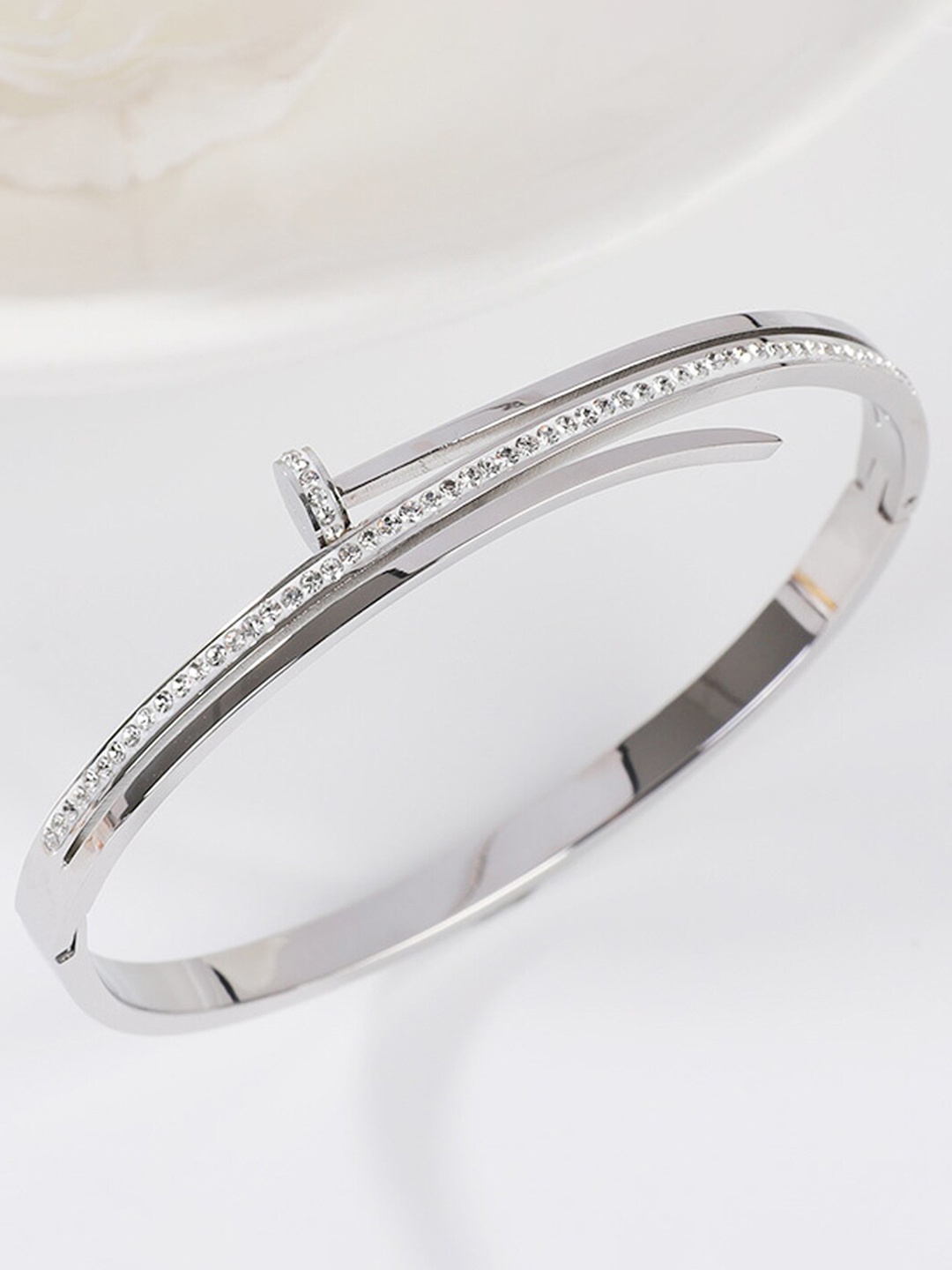 

Jewels Galaxy Women American Diamond Silver-Plated Bangle-Style Bracelet