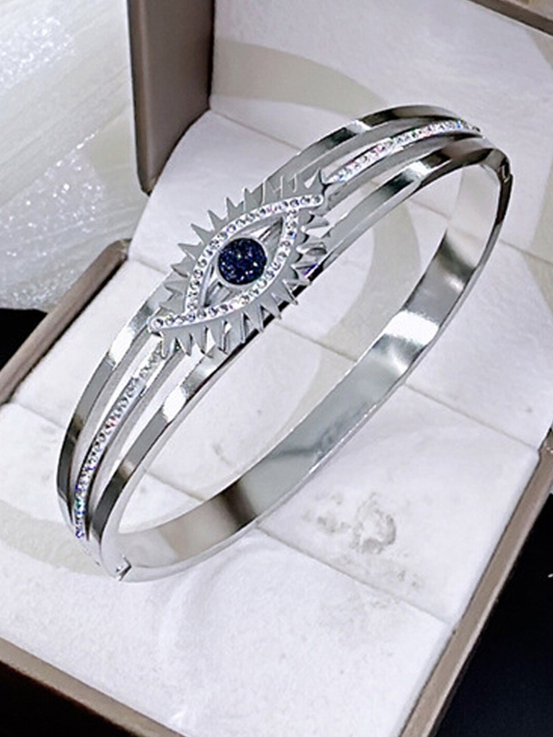 

Jewels Galaxy Silver-Plated American Diamond-Studded Evil Eye Charm Bangle-Style Bracelet