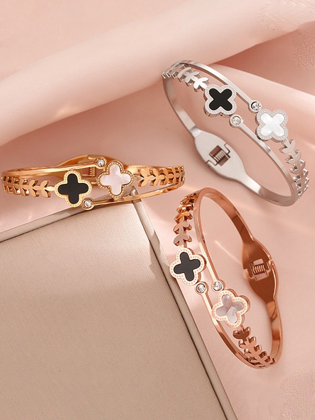 

Jewels Galaxy Women Set Of 3 Stainless Steel Artificial Beads Cuff Bracelet, Gold