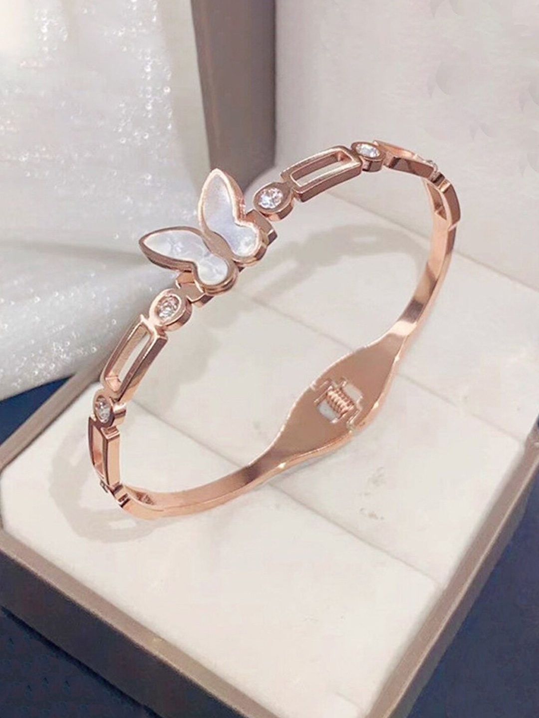 

Jewels Galaxy Rose Gold-Plated Butterfly Charm Bangle-Style Bracelet