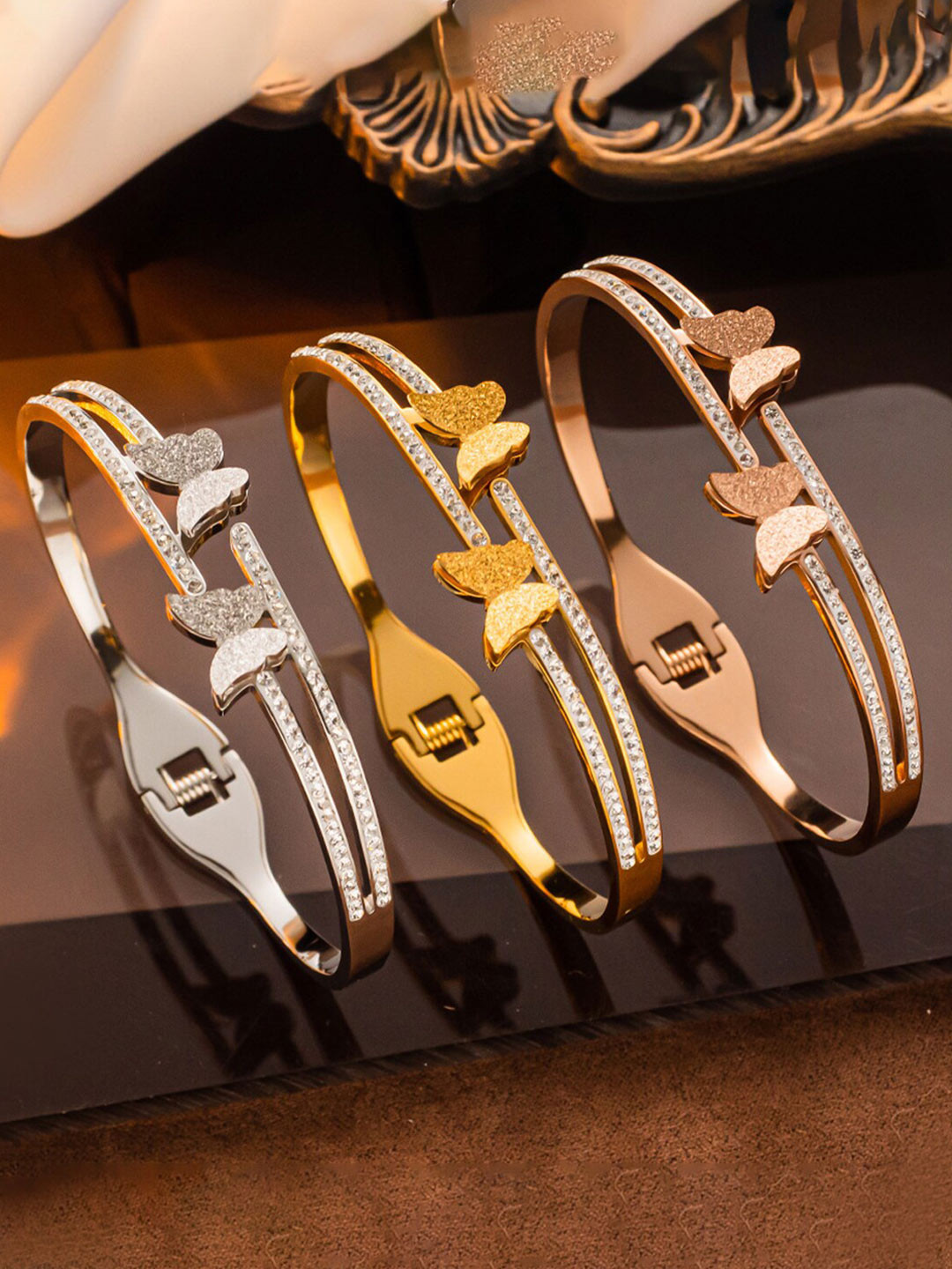 

Jewels Galaxy Set Of 3 American Diamond-Studded Butterfly Charm Bangle-Style Bracelets, Silver