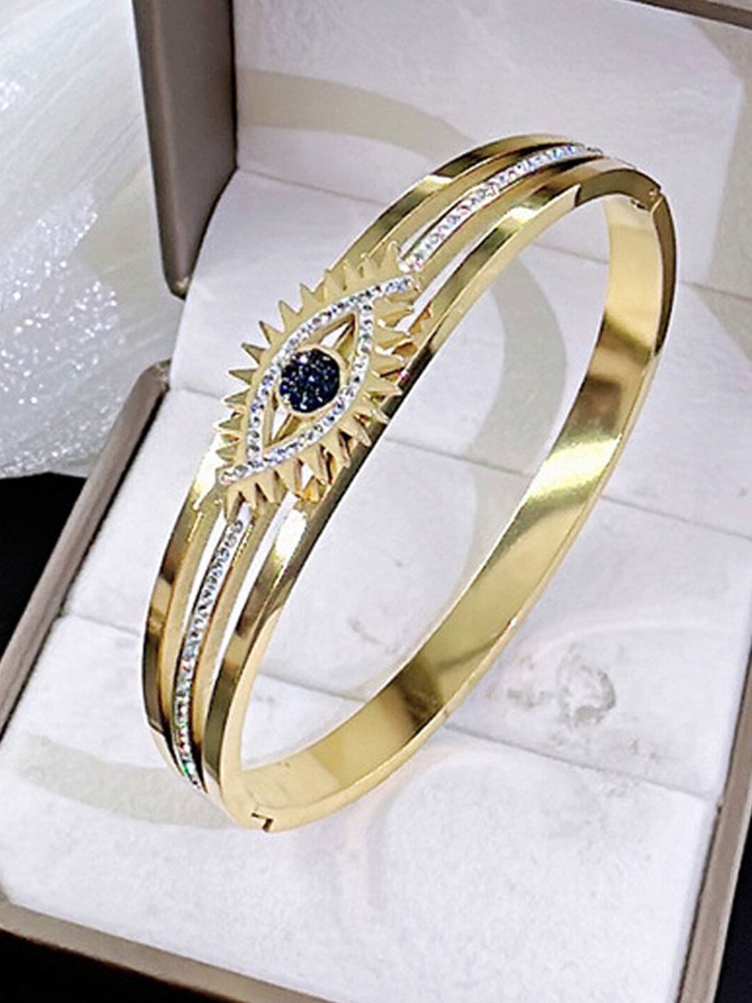 

Jewels Galaxy Gold Plated AD Studded Stainless Steel Evil Eye Bangle Style Bracelet