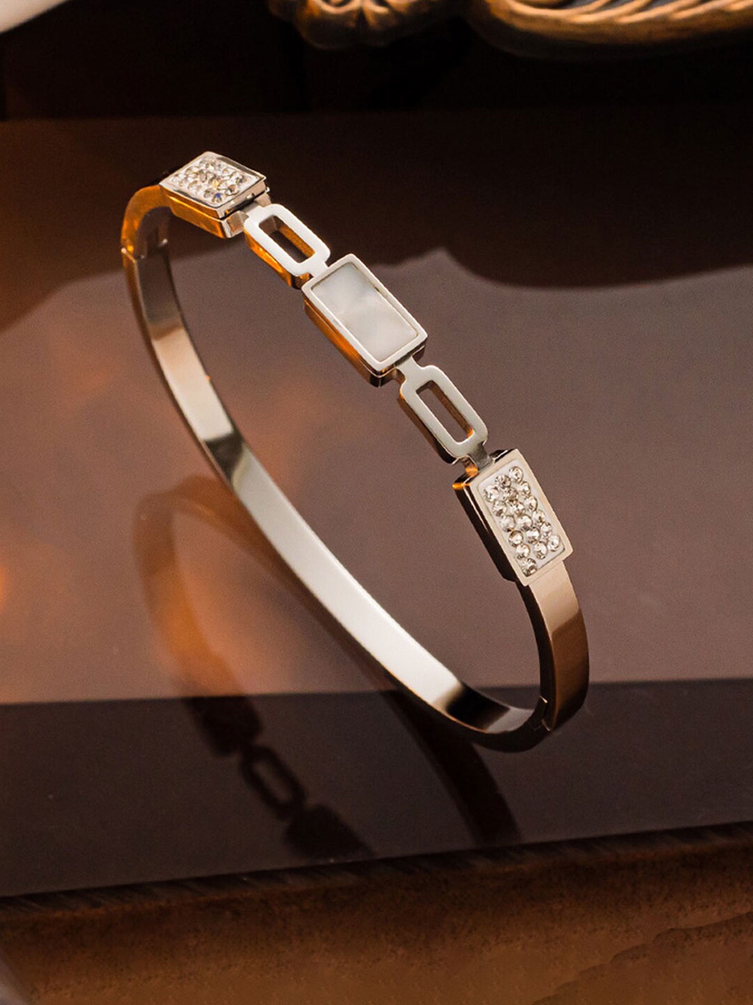 

Jewels Galaxy Mother of Pearl Silver-Plated Bangle-Style Bracelet
