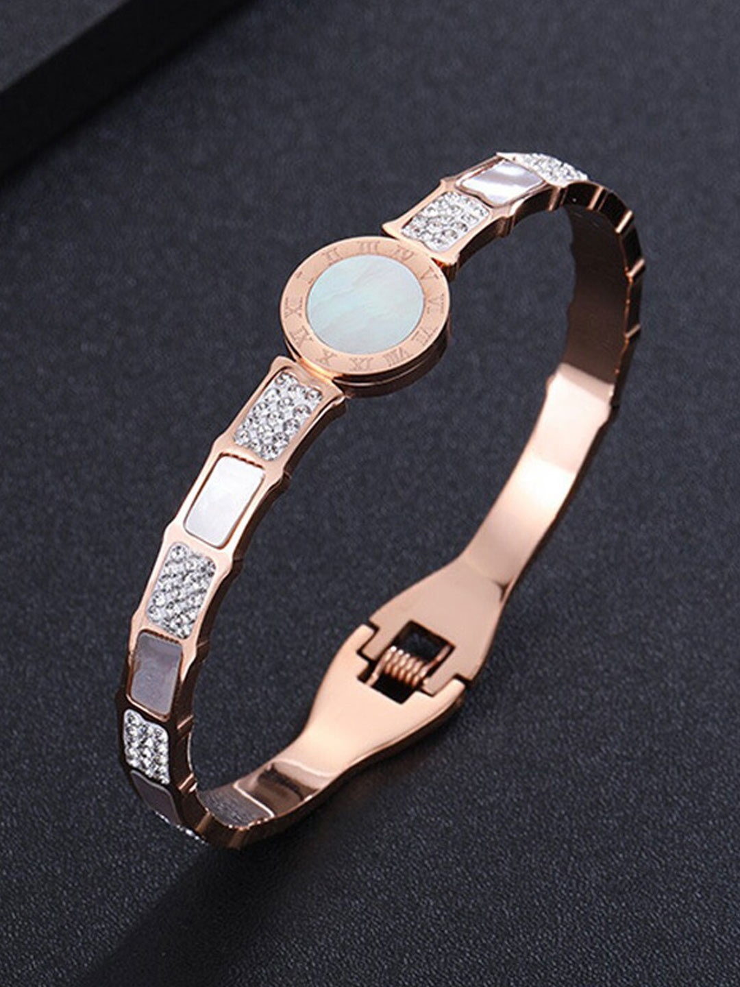 

Jewels Galaxy Rose Gold Plated Mother of Pearl Stainless Steel Bangle-Style Bracelet