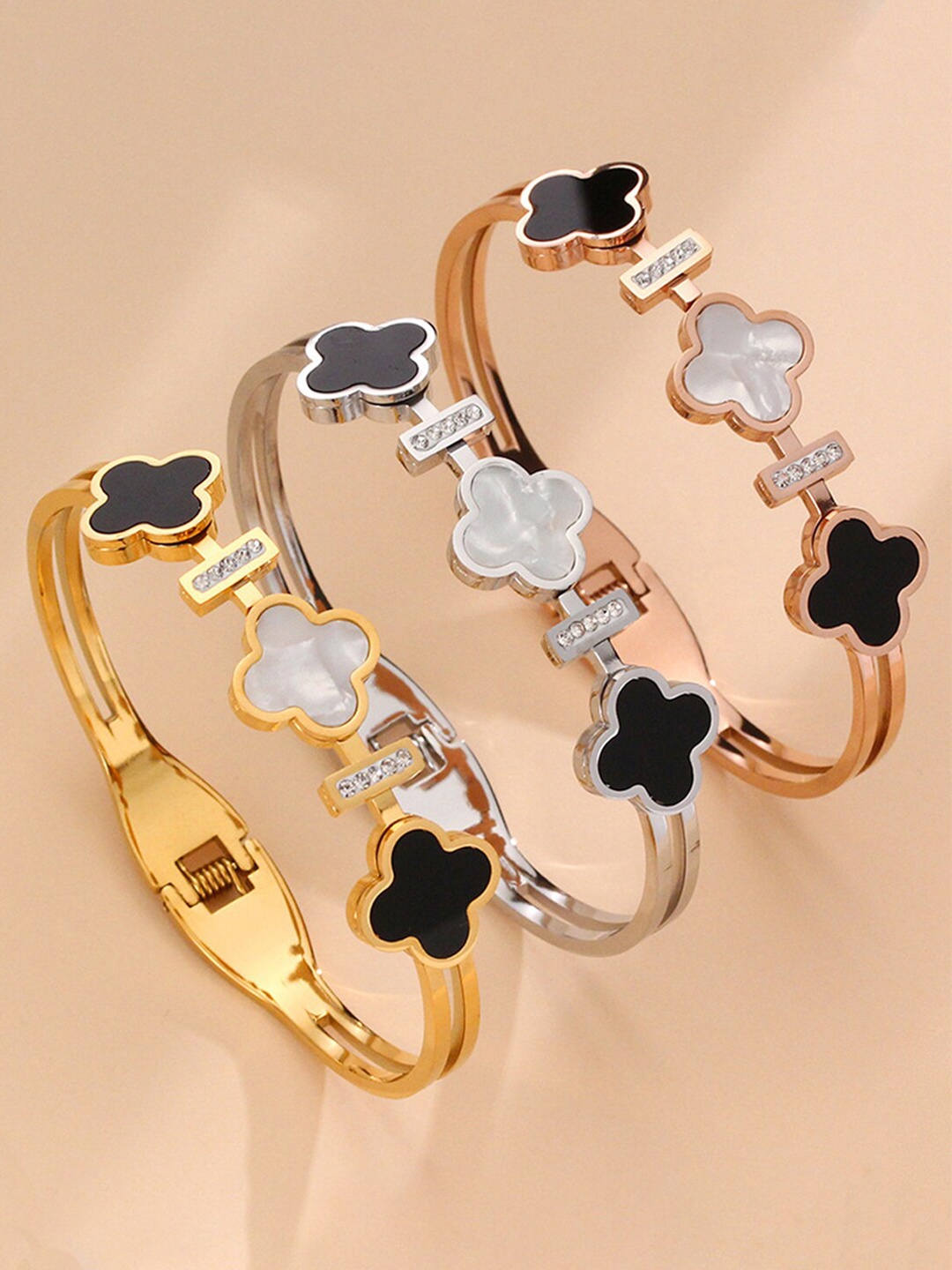 

Designs & You Set Of 3 Stainless Steel Mother of Pearl Bangle-Style Bracelet, Gold
