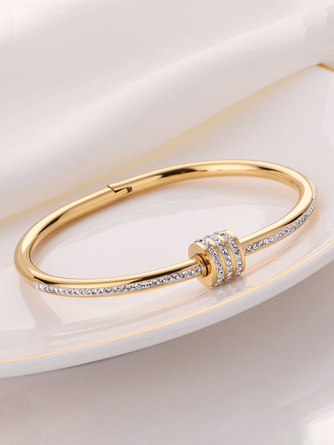 

Designs & You American Diamond Stainless Steel Gold-Plated Bangle-Style Bracelet