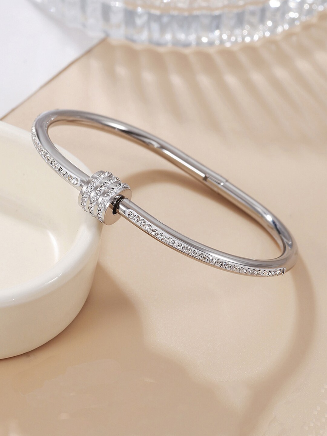 

Designs & You Stainless Steel American Diamond Silver-Plated Bangle-Style Bracelet